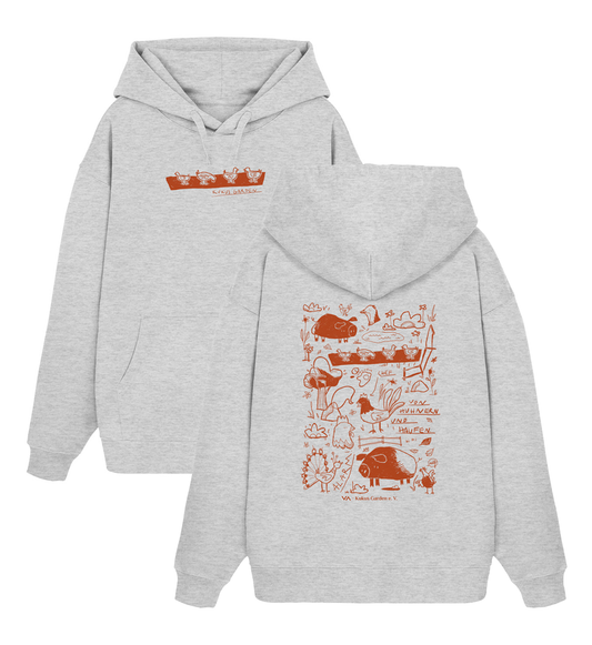 All by Kuku: Von Hühnern und Haufen · Kukus Garden · Unisex Oversized Hoodie · beidseitiges Motiv